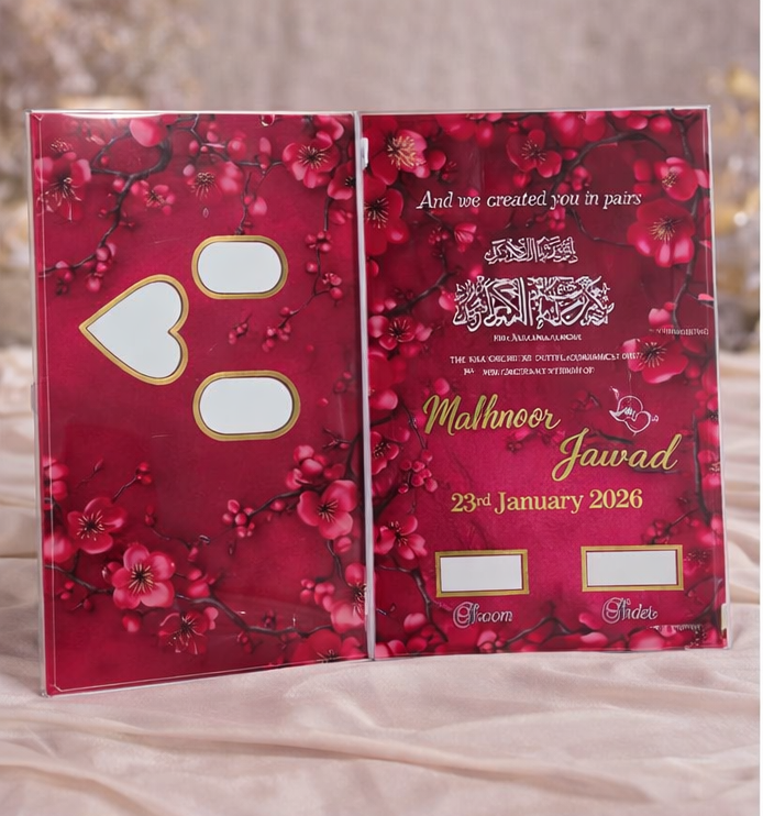 Luxury Personalized Acrylic Nikah Certificate Folder Red Floral Design with Gold Detailing Main image