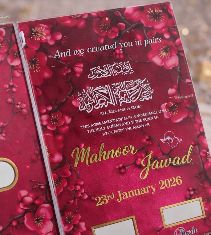 Luxury Personalized Acrylic Nikah Certificate Folder Red Floral Design with Gold Detailing - Image 2