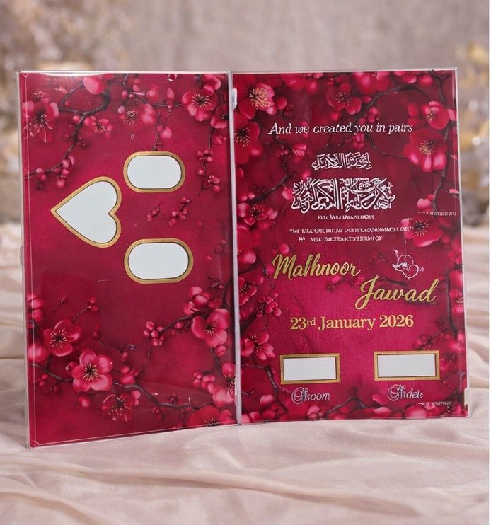 Luxury Personalized Acrylic Nikah Certificate Folder Red Floral Design with Gold Detailing